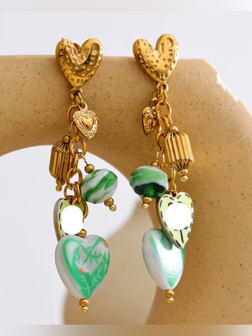 Gold-Tone Green Heart Stainless Steel Dangle Earrings - Women Jewelry
